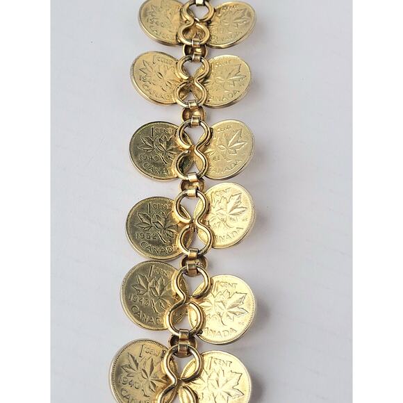 Canada Coin Charm Bracelet Vintage 1940s Gold Funky Chic - Picture 5 of 7